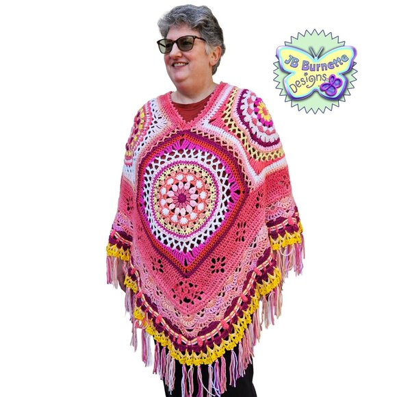 Handmade Crochet Boho Poncho in Orange, Pink, Yellow - Picture 6 of 13
